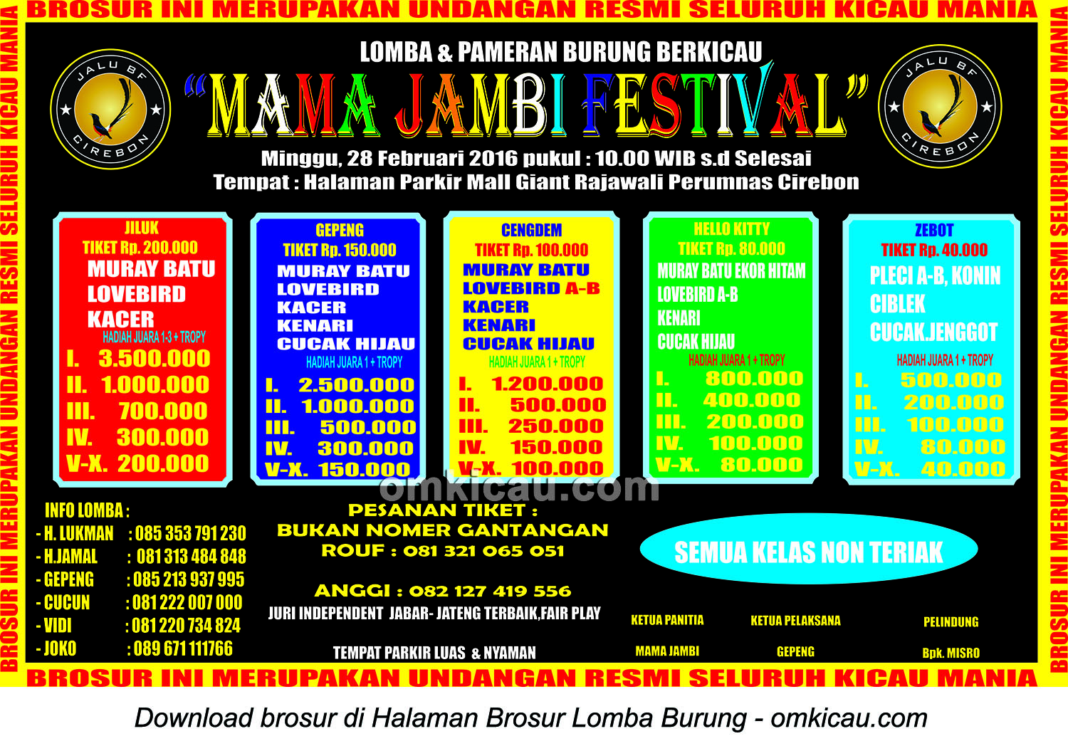 Brosur Lomba Burung Berkicau Mama Jambi Festival, Cirebon, 28 Februari 2016