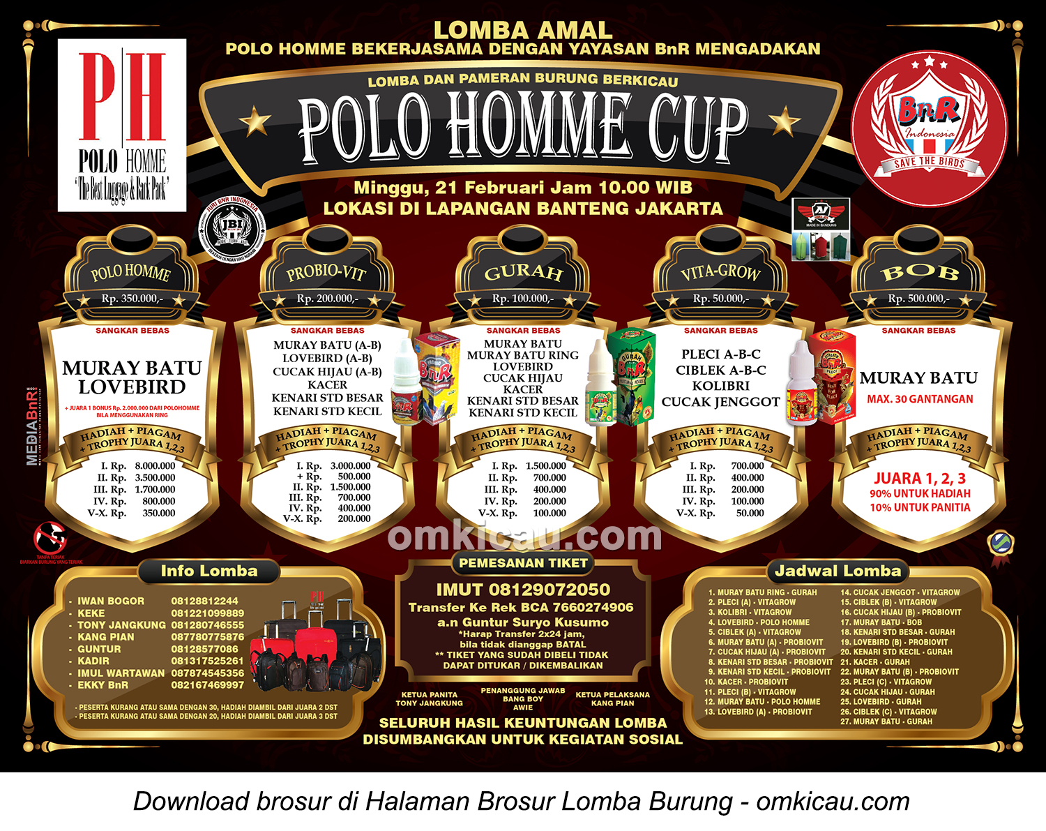 Brosur Lomba Burung Berkicau Polo Homme Cup, Jakarta, Minggu 21 Februari 2016