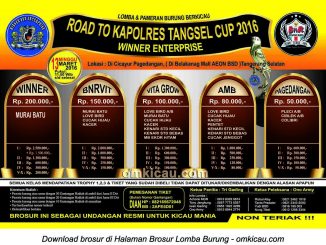 Brosur Lomba Burung Berkicau Road to Kapolres Tangsel Cup - Winner Enterprise, 13 Maret 2016