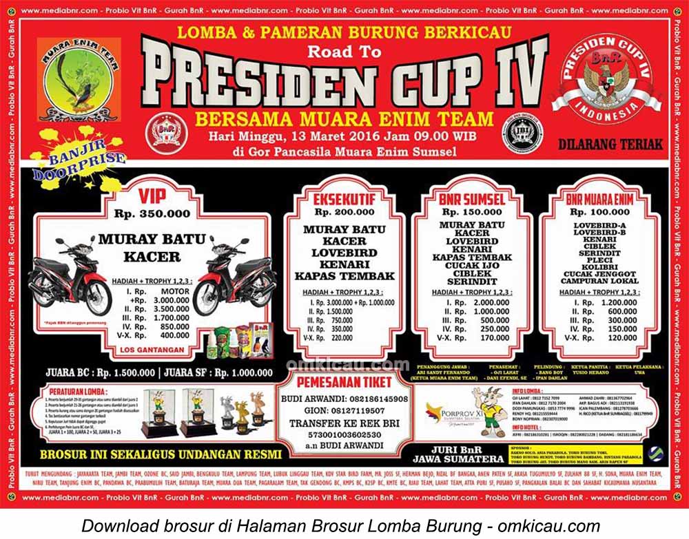 Brosur Lomba Burung Berkicau Road to Presiden Cup IV bersama Muara Enim Team, 13 Maret 2016