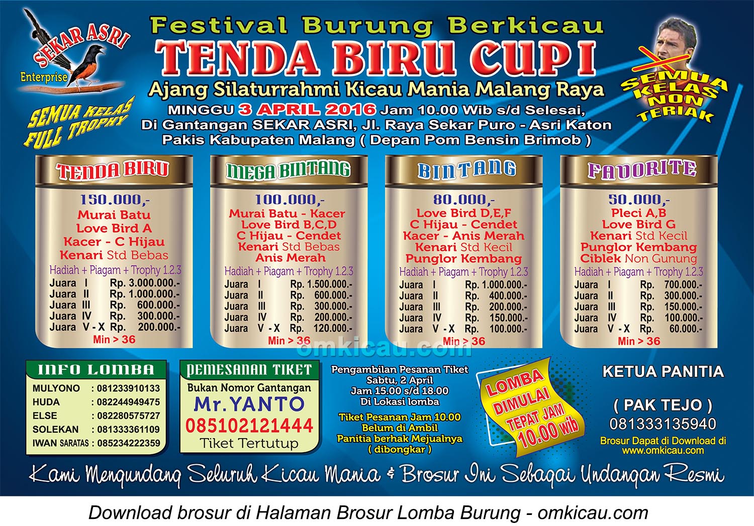 Brosur Lomba Burung Berkicau Tenda Biru Cup I, Malang, 3 April 2016