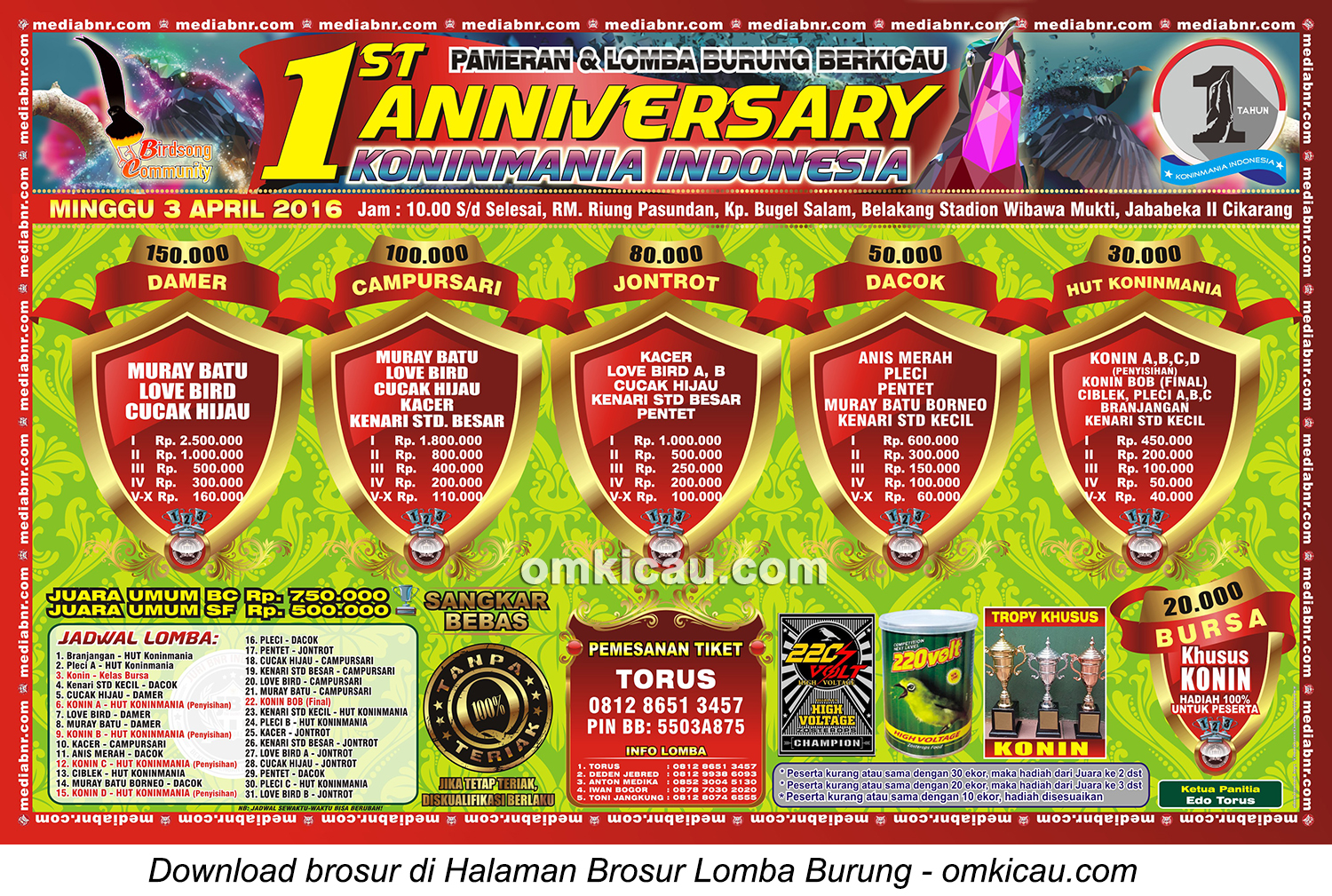 Brosur Lomba Burung Berkicau 1st Anniversary Koninmania Indonesia, Cikarang, 3 April 2016