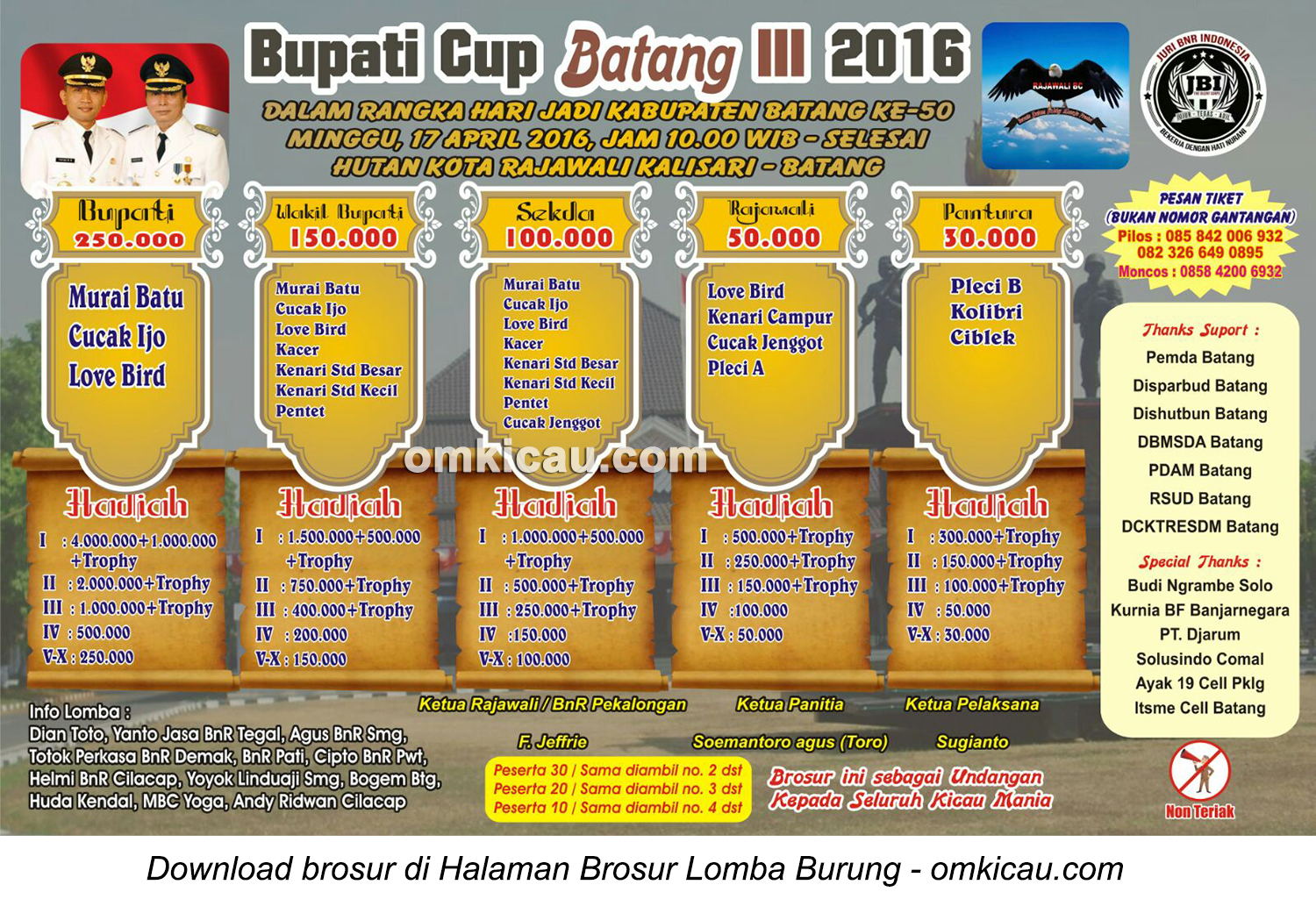 Brosur Lomba Burung Berkicau Bupati Batang Cup III, 17 April 2016
