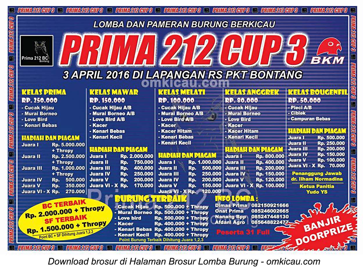 Brosur Lomba Burung Berkicau Prima 212 Cup 3, Bontang, 3 April 2016