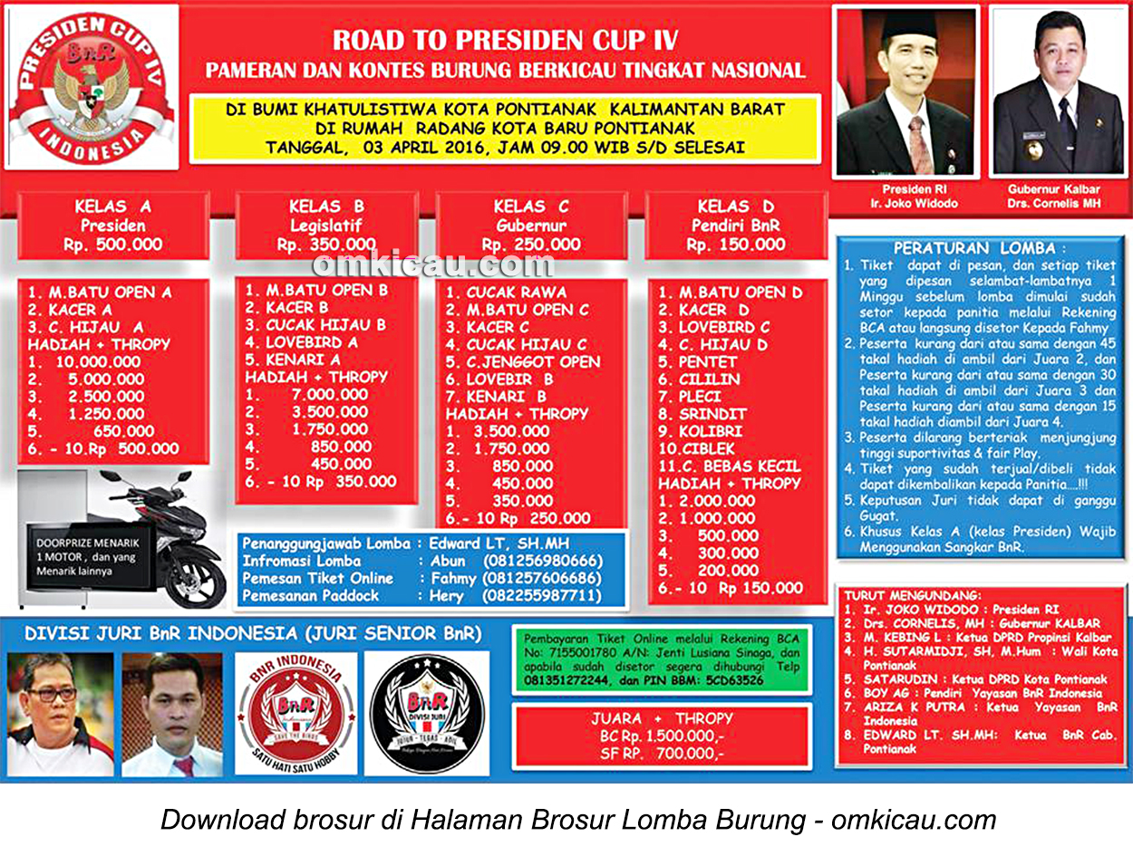 Brosur Lomba Burung Berkicau Road to Presiden Cup IV, Pontianak, 3 April 2016