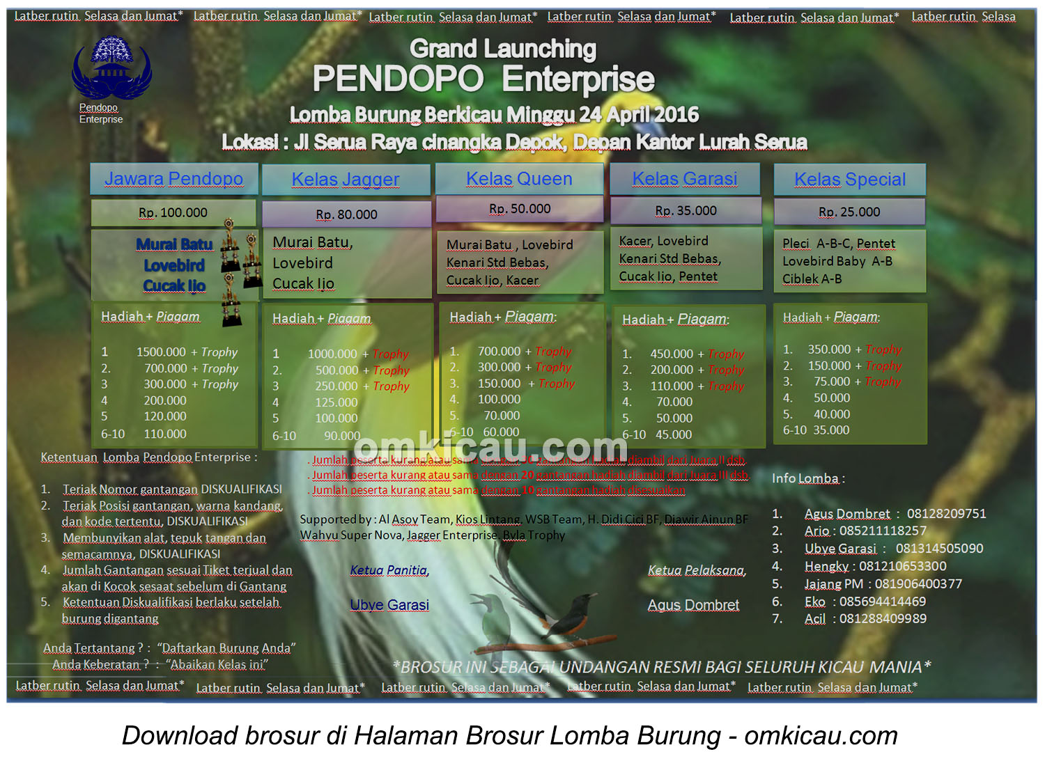 Brosur Lomba Burung Berkicau Grand Launching Pendopo Enterprise, Depok, 24 April 2016