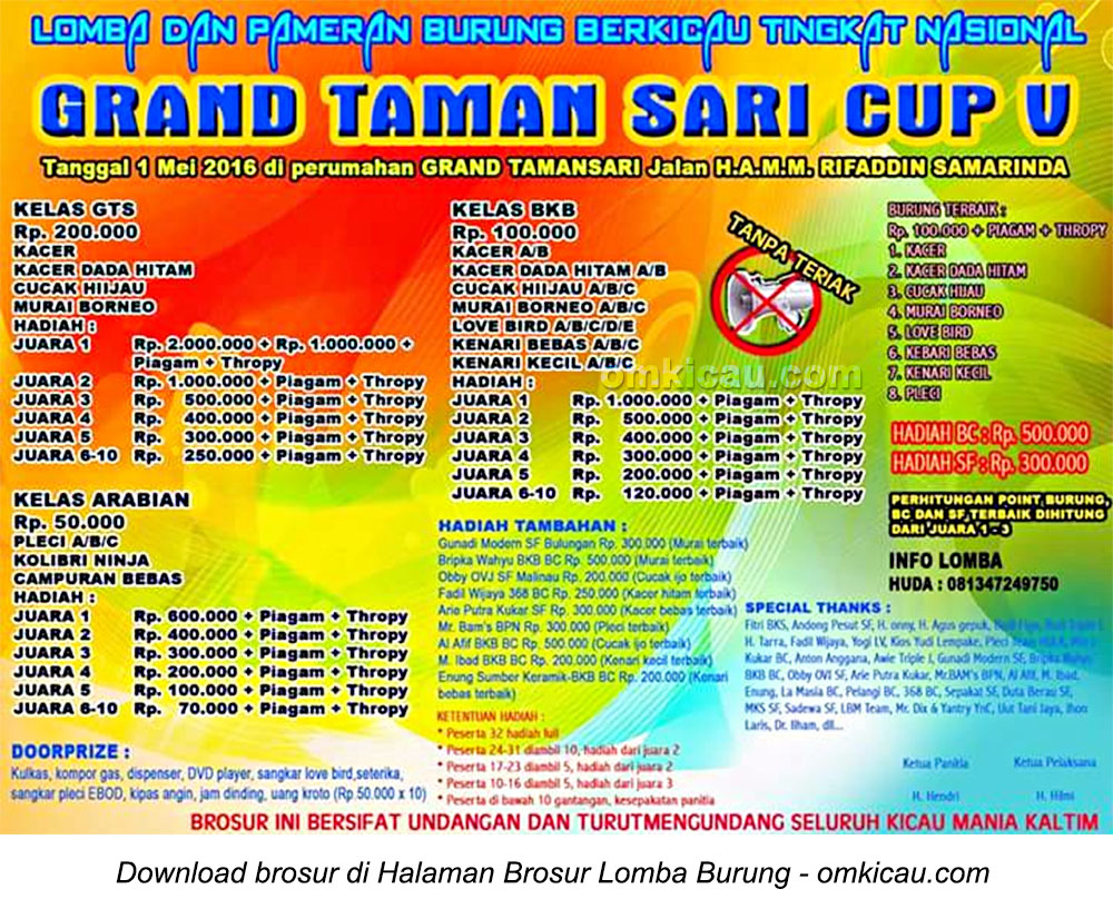 Brosur Lomba Burung Berkicau Grand Taman Sari Cup V, Samarinda, 1 Mei 2016