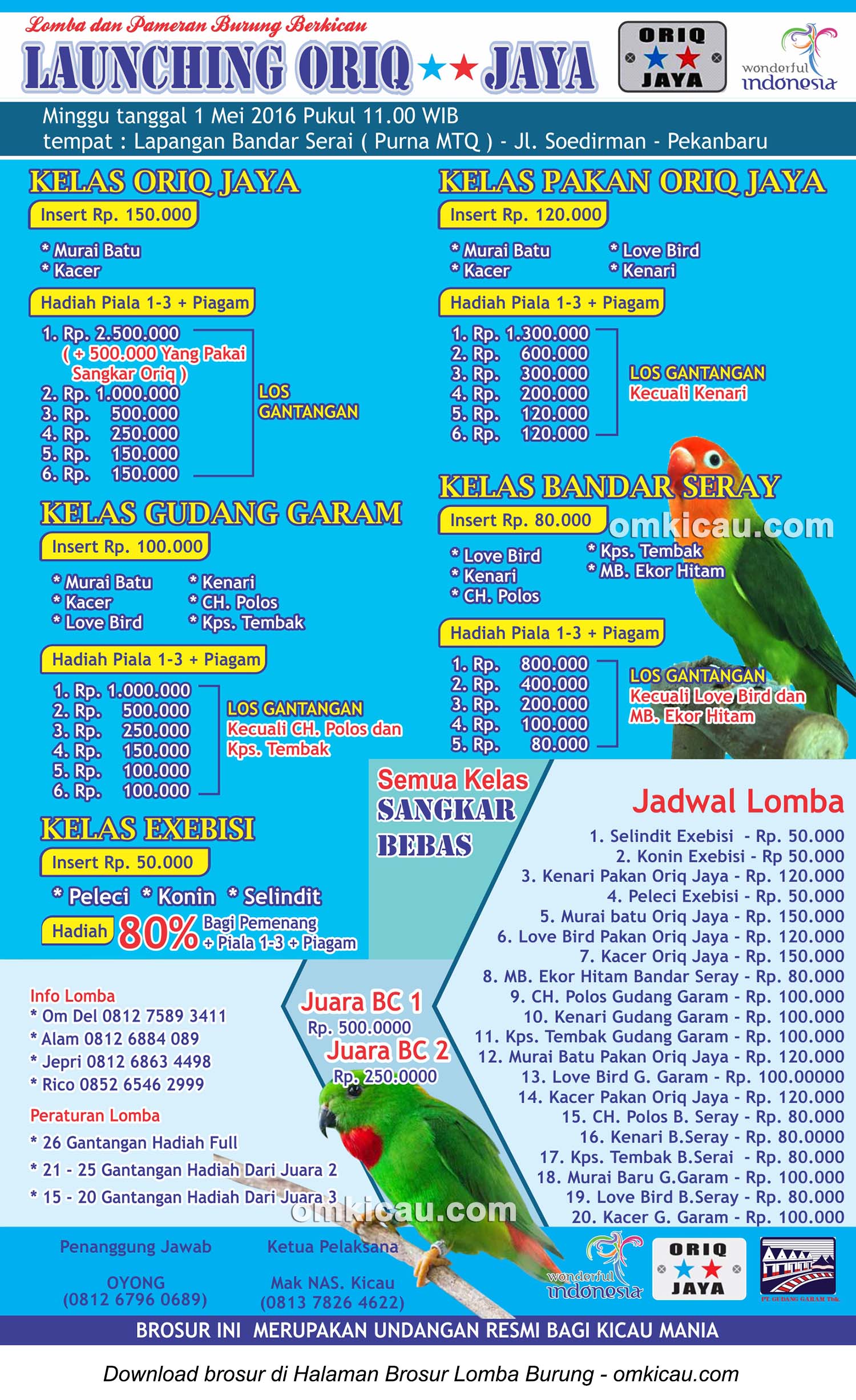 Brosur Lomba Burung Berkicau Launching Oriq Jaya, Pekanbaru, 1 Mei 2016
