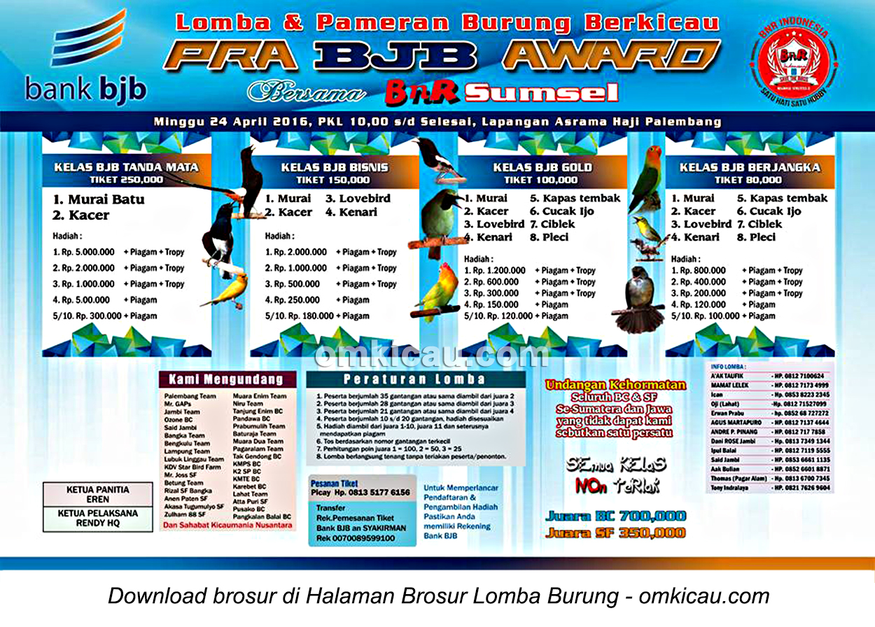 Brosur Lomba Burung Berkicau Pra BJB Award, Palembang, 24 April 2016
