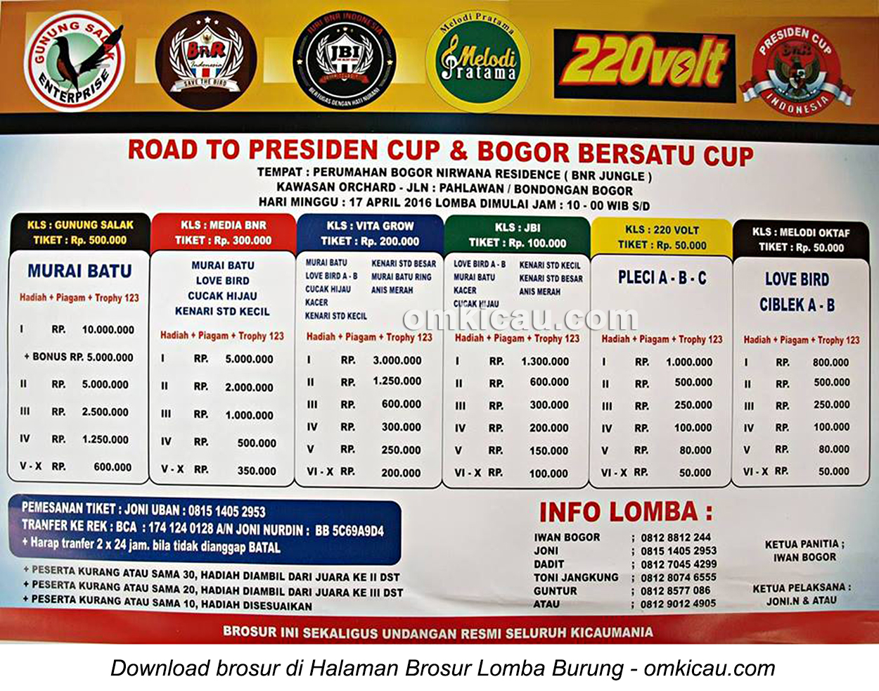 Brosur Lomba Burung Berkicau Road to Presiden Cup - Bogor Bersatu Cup, Bogor, 17 April 2016