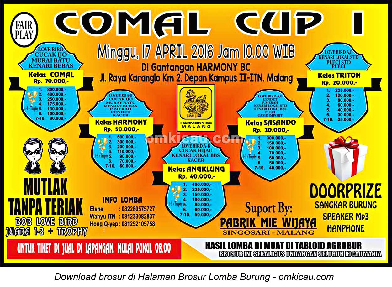 Brosur Lomba Burung Berkicau Comal Cup I, Malang, 17 April 2016