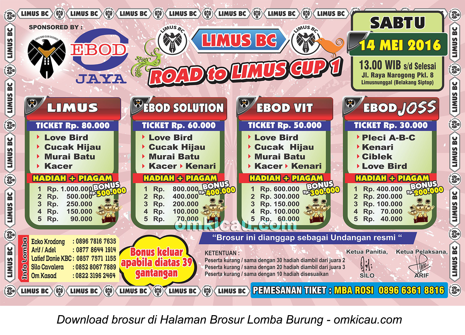 Brosur Latpres Burung Berkicau Road to Limus BC Cup 1, Bogor, 14 Mei 2016