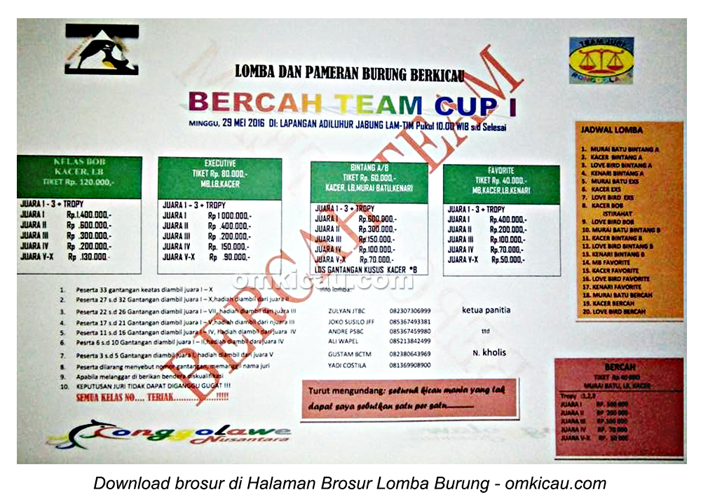 Brosur Lomba Burung Berkicau Bercah Team Cup I, Lampung Timur, 29 Mei 2016