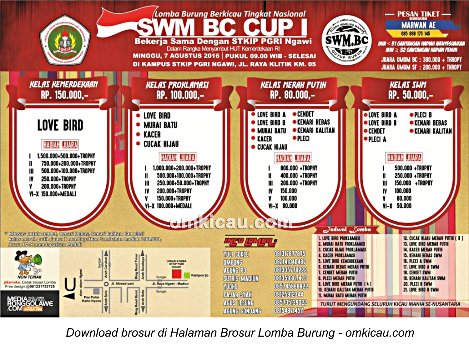Brosur Lomba Burung Berkicau SWM BC Cup I, Ngawi, 7 Agustus 2016
