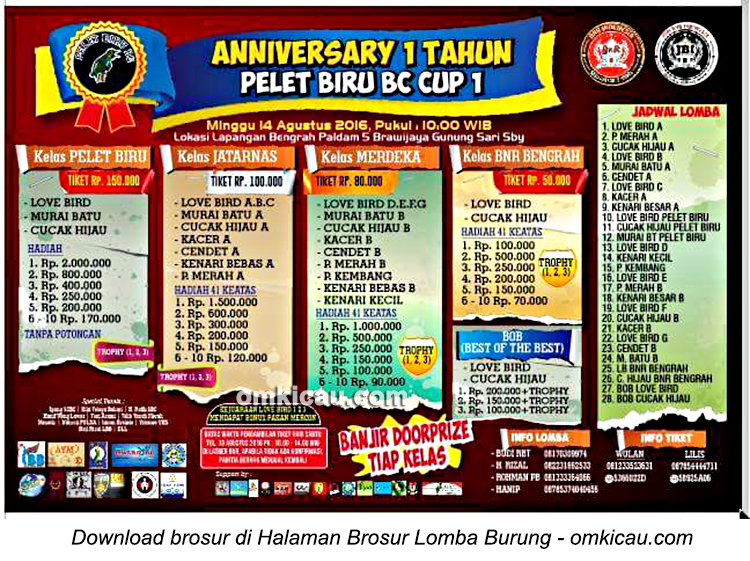 Brosur Lomba Burung Berkicau Anniversary 1 Tahun Pelet Biru BC Cup, Surabaya, 14 Agustus 2016
