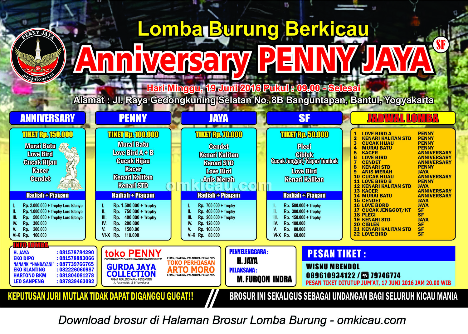 Brosur Lomba Burung Berkicau Anniversary Penny Jaya, Jogja, 19 Juni 2016