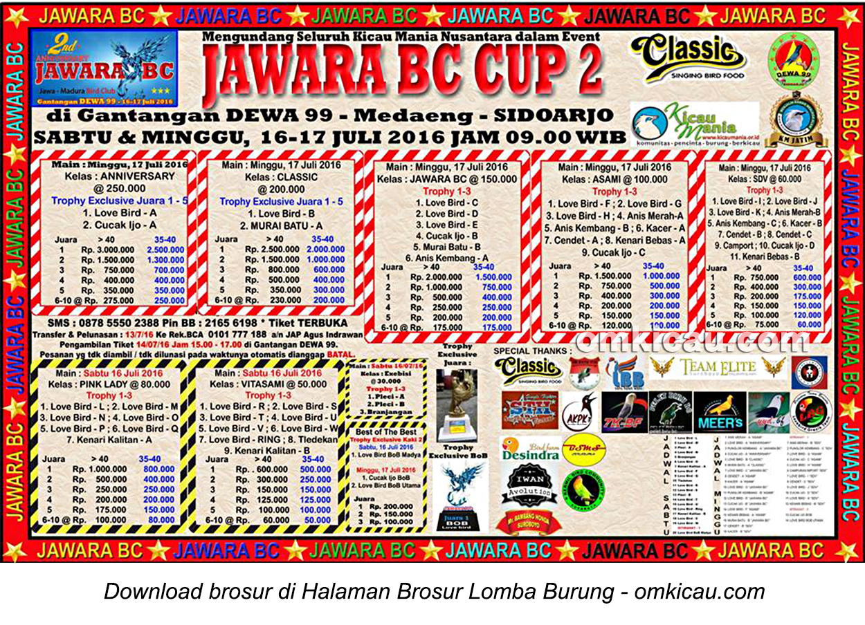 Brosur Lomba Burung Berkicau Jawara BC Cup 2, Sidoarjo, 16-17 Juli 2016