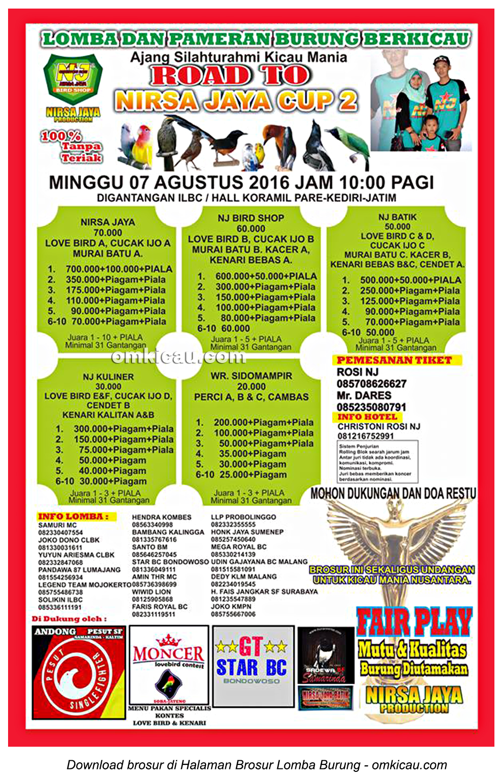 Brosur Lomba Burung Berkicau Road to Nirsa Jaya Cup 2, Kediri, 7 Agustus 2016