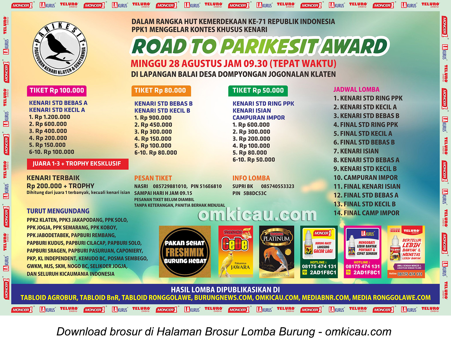 Brosur Lomba Burung Berkicau Road to Parikesit Award, Klaten, 28 Agustus 2016