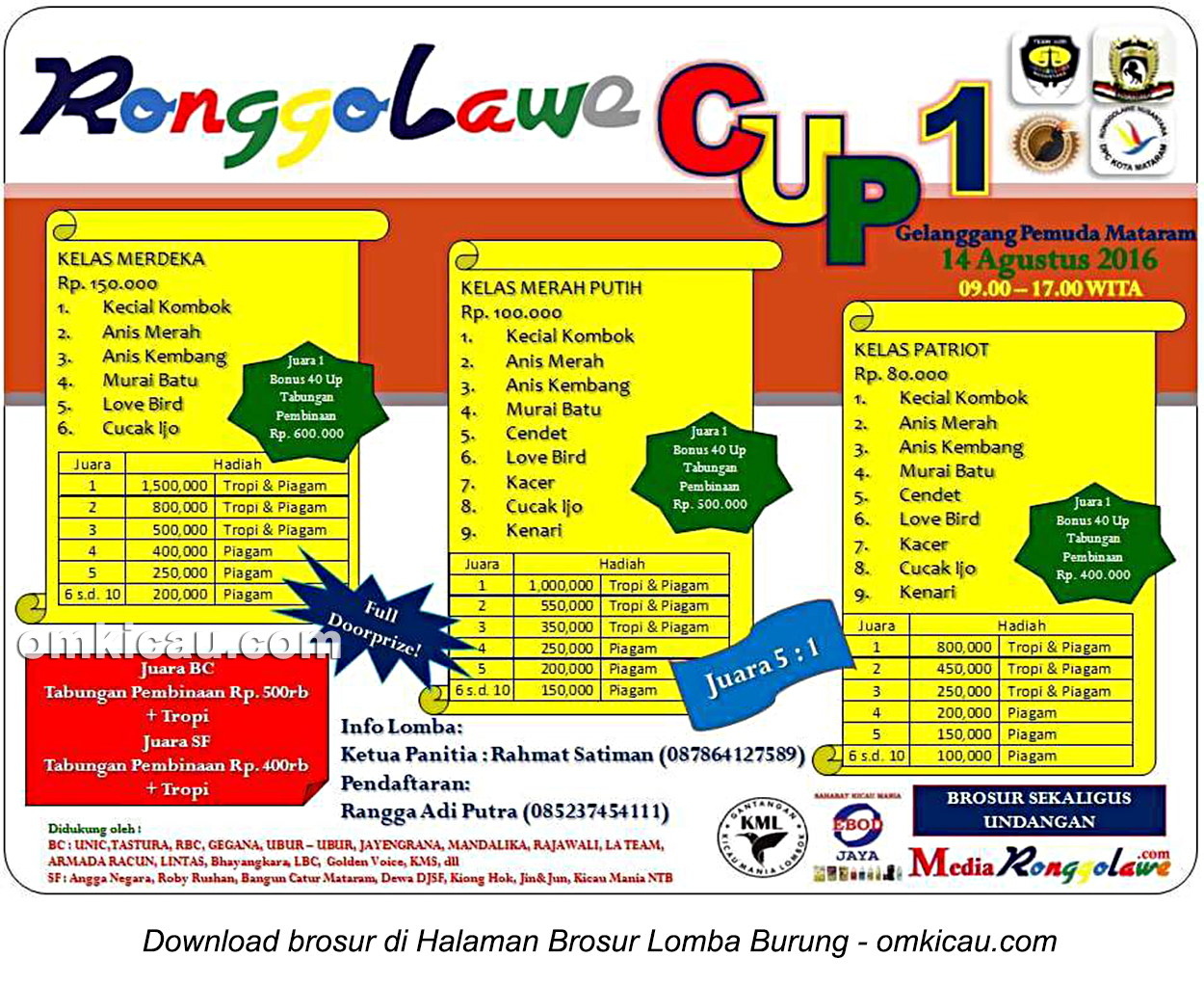 Brosur Lomba Burung Berkicau Ronggolawe Cup, Mataram, 14 Agustus 2016