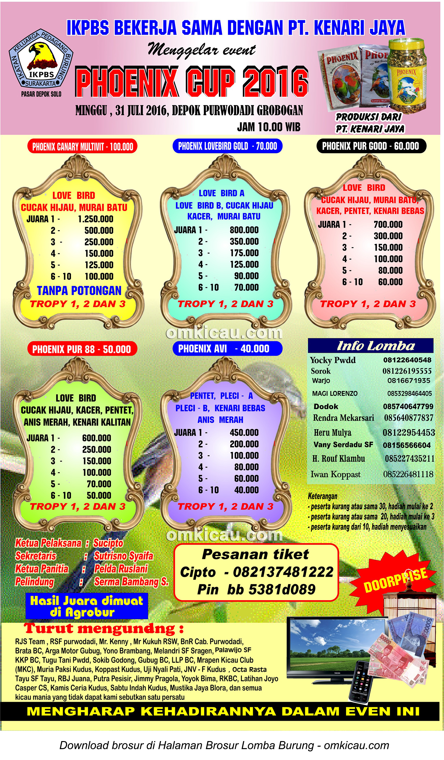 Brosur Revisi Lomba Burung Berkicau Phoenix Cup, Purwodadi, 31 Juli 2016