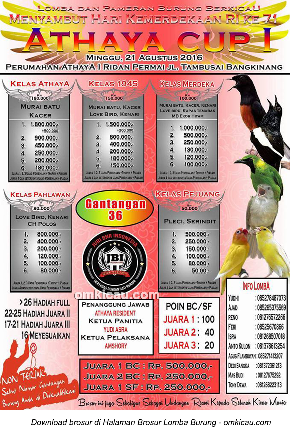Brosur Lomba Burung Berkicau Athaya Cup I, Bangkinang, 21 Agustus 2016