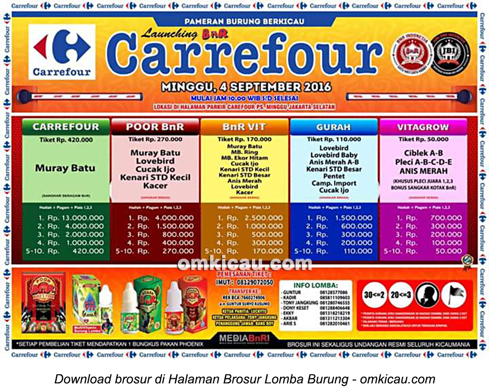 Brosur Lomba Burung Berkicau Launching BnR Carrefour, Jakarta Selatan, 4 September 2016