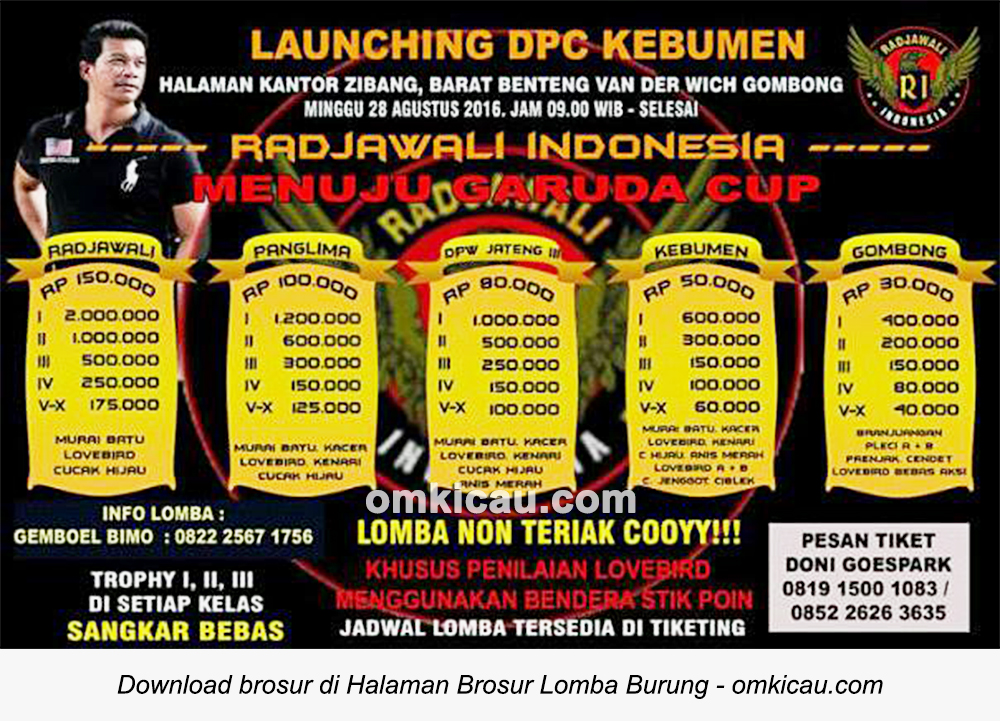 Brosur Lomba Burung Berkicau Launching Radjawali Indonesia DPC Kebumen, 28 Agustus 2016