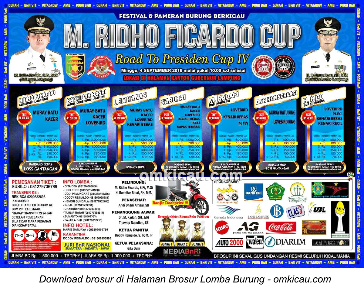 Brosur Lomba Burung Berkicau M Ridho Ficardo Cup, Bandarlampung, 4 September 2016