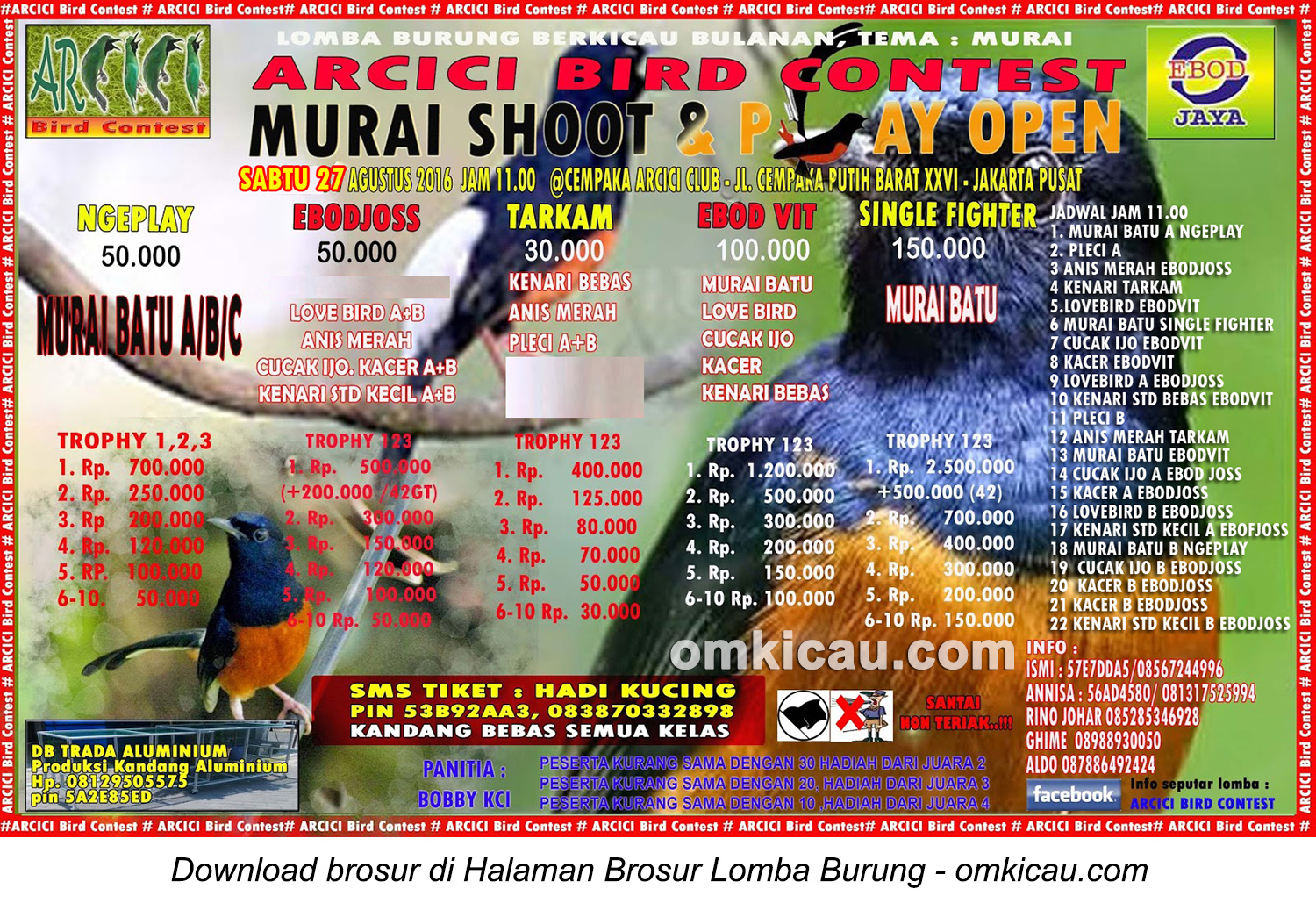 Brosur Lomba Burung Berkicau Murai Shoot and Play Open Arcici, Jakarta, 27 Agustus 2016