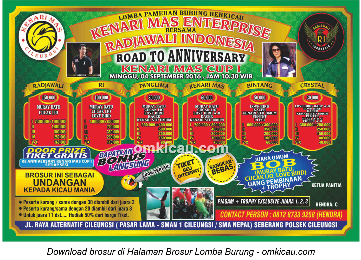 Brosur Lomba Burung Berkicau Road to Anniversary Kenari Mas Cup I, Cileungsi, 4 September 2016