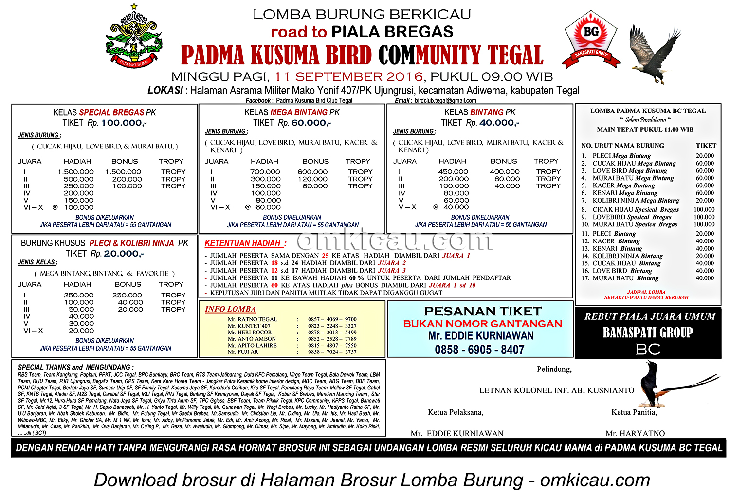 Brosur Lomba Burung Berkicau Road to Piala Bregas-Padma Kusuma BC, Tegal, 11 September 2016