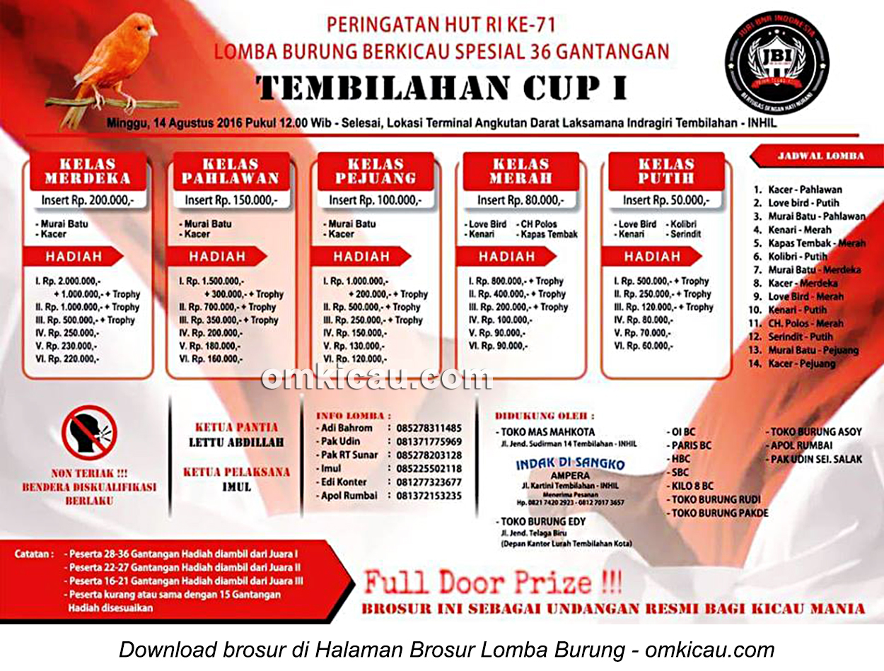 Brosur Lomba Burung Berkicau Spesial 36-G Tembilahan Cup I, Indragiri Hilir, 14 Agustus 2016