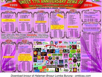 Brosur Lomba Burung Berkicau Sweet 17th Anniversary Dewa 99, Sidoarjo, 17-18 September 2016