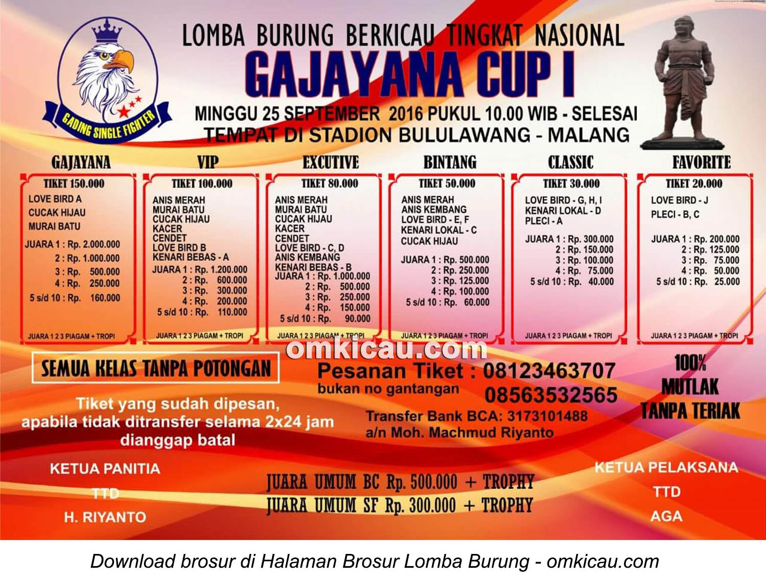 Brosur Lomba Burung Berkicau Gajayana Cup I, Malang, 25 September 2016