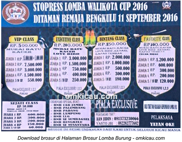 Brosur Lomba Burung Berkicau Wali Kota Cup, Bengkulu, 11 September 2016