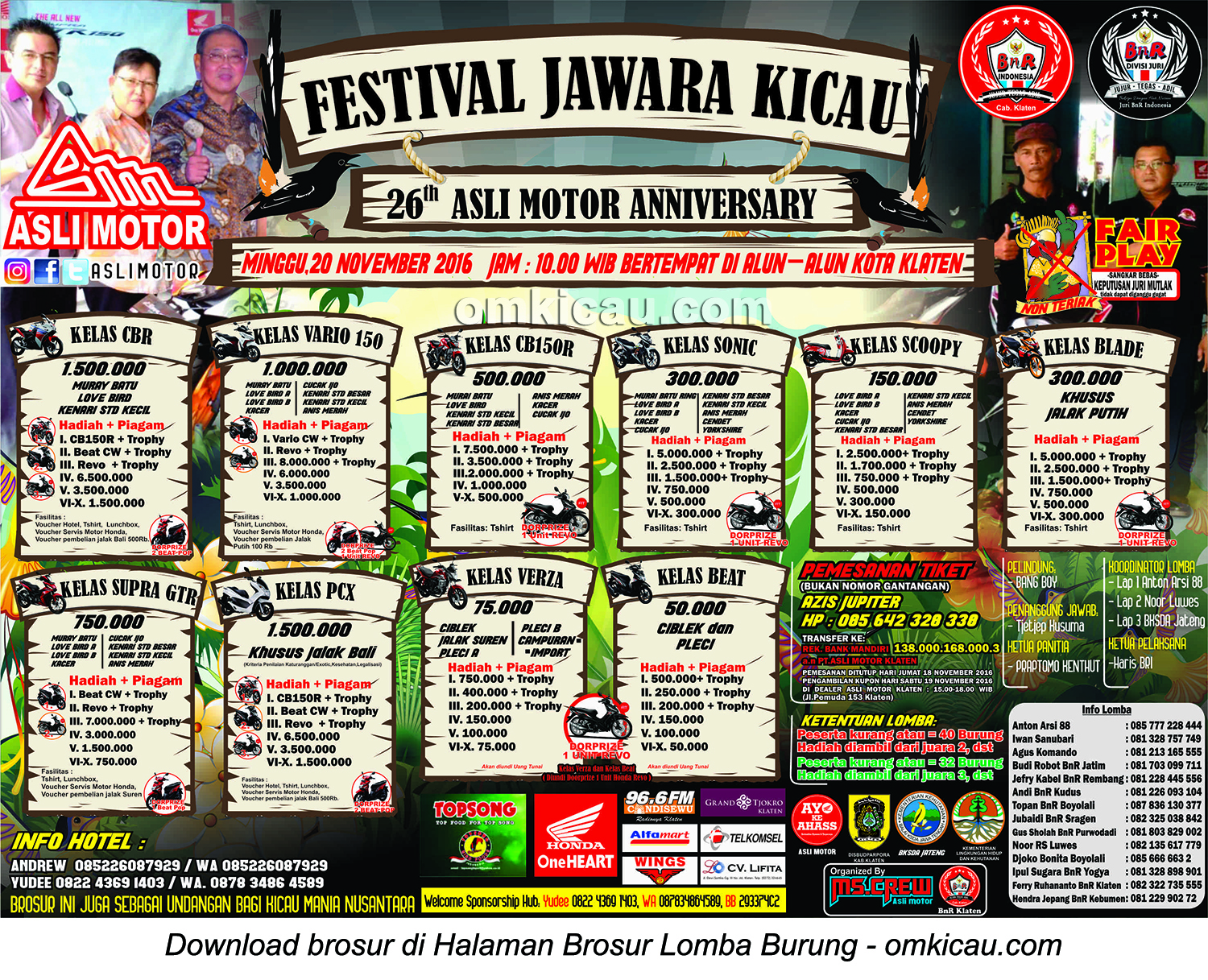 Brosur Festival Jawara Kicau 26th Asli Motor Anniversary, Klaten, 20 November 2016