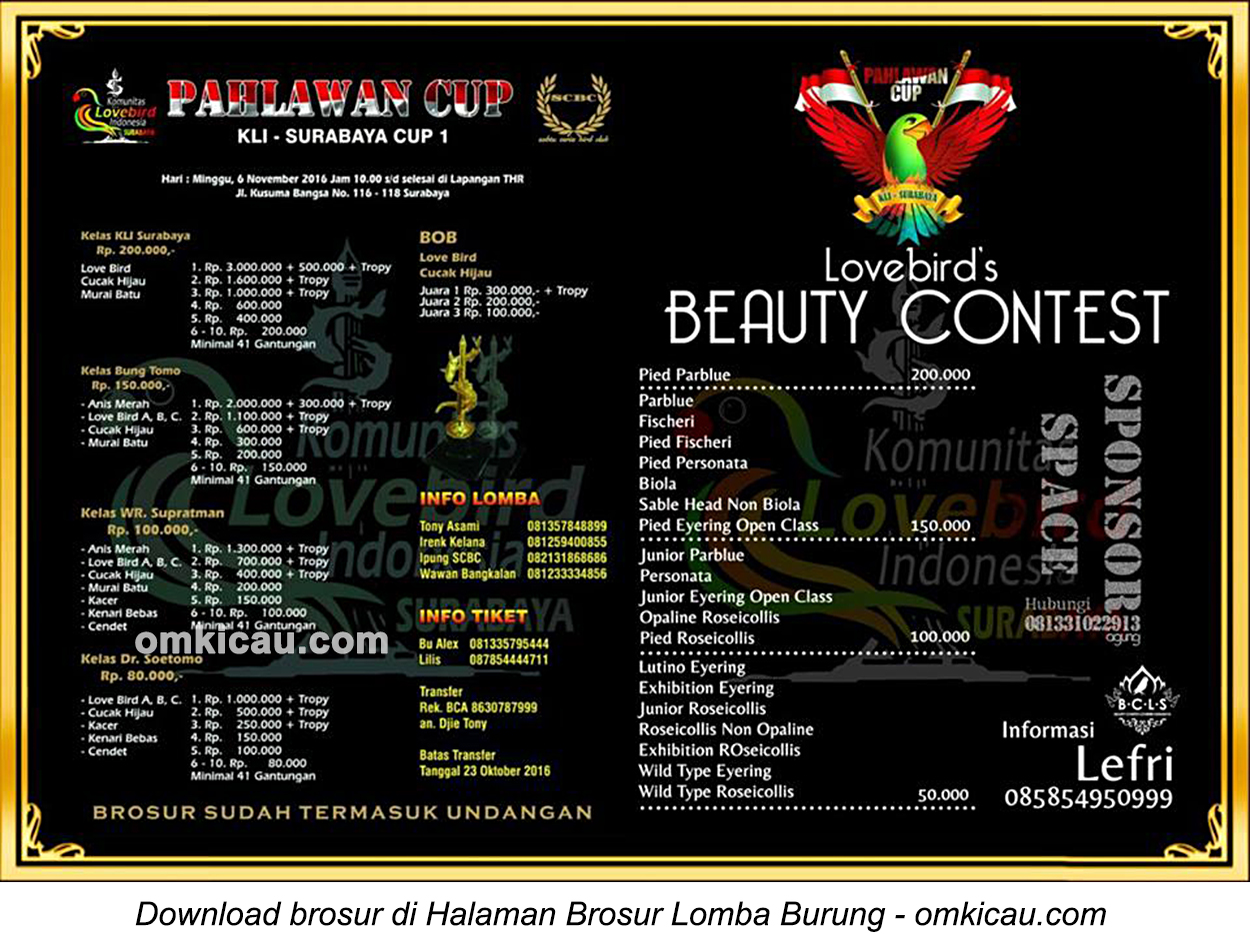 Brosur Lomba Burung Berkicau dan Lovebird Beauty Contest Pahlawan Cup, Surabaya, 6 November 2016