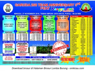 Brosur Lomba Burung Berkicau Garuda 268 Team Anniversary 3rd feat Ronggolawe Nusantara, Jakarta, 27 November 2016