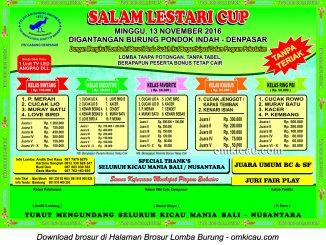 Brosur Lomba Burung Berkicau Salam Lestari Cup, Denpasar, 13 November 2016
