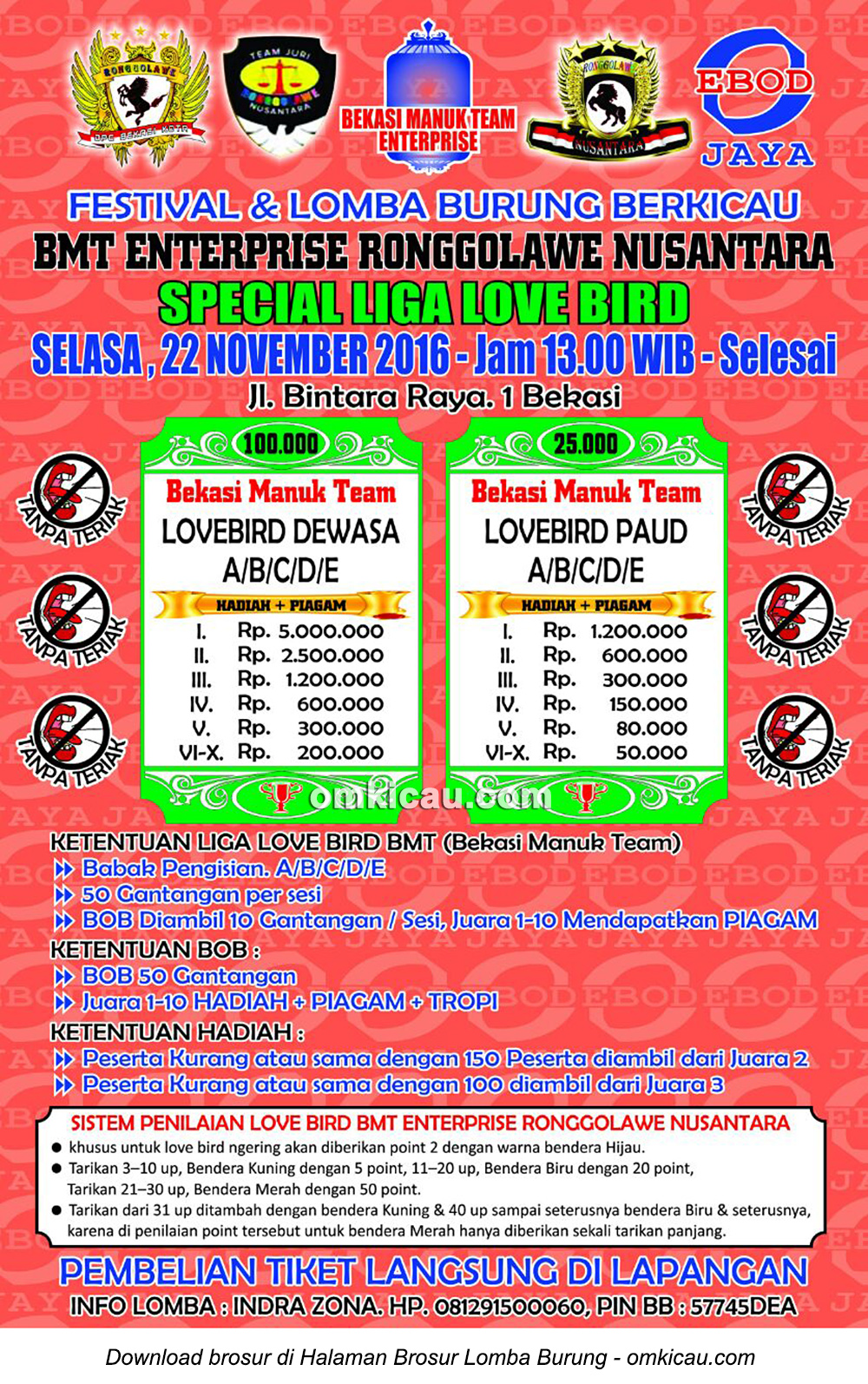 Brosur Lomba Burung Berkicau Special Liga Lovebird BMT Enterprise, Bekasi, 22 November 2016
