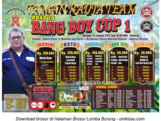 Brosur Lomba Burung Berkicau Taman Radja Team Road to Bang Boy Cup 1, Jakarta, 15 Januari 2017