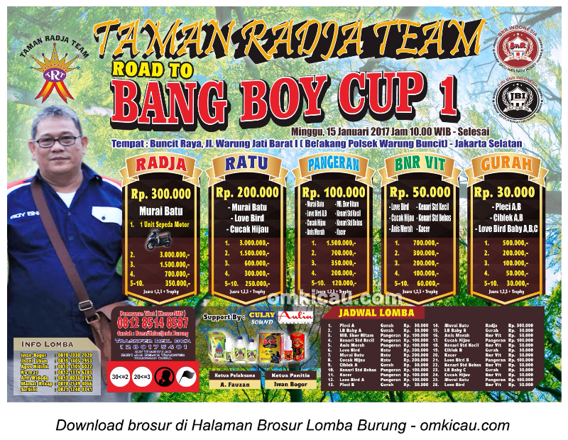 Brosur Lomba Burung Berkicau Taman Radja Team Road to Bang Boy Cup 1, Jakarta, 15 Januari 2017