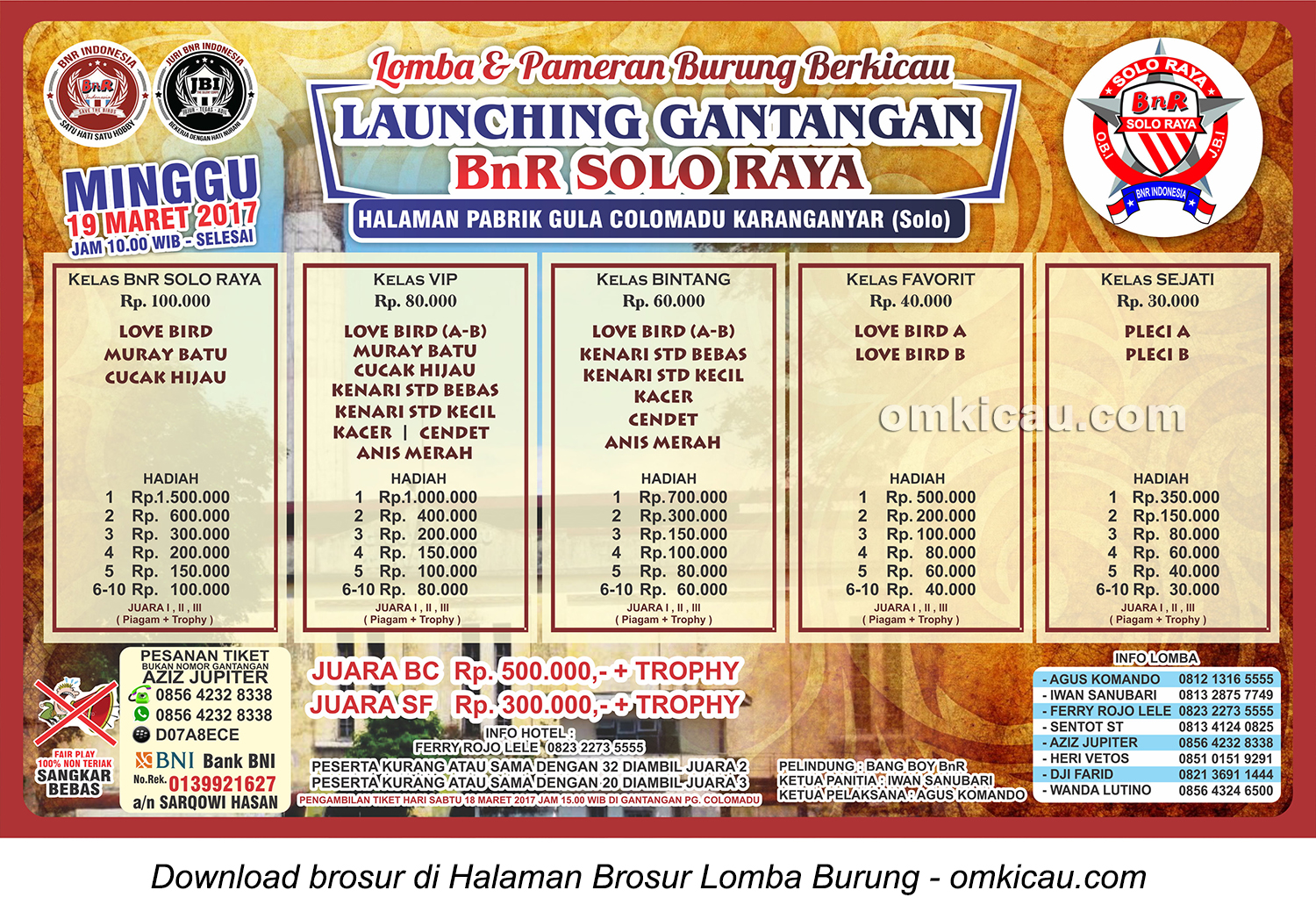 Brosur Lomba Burung Berkicau Launching Gantangan BnR Solo Raya, Karanganyar, 19 Maret 2017