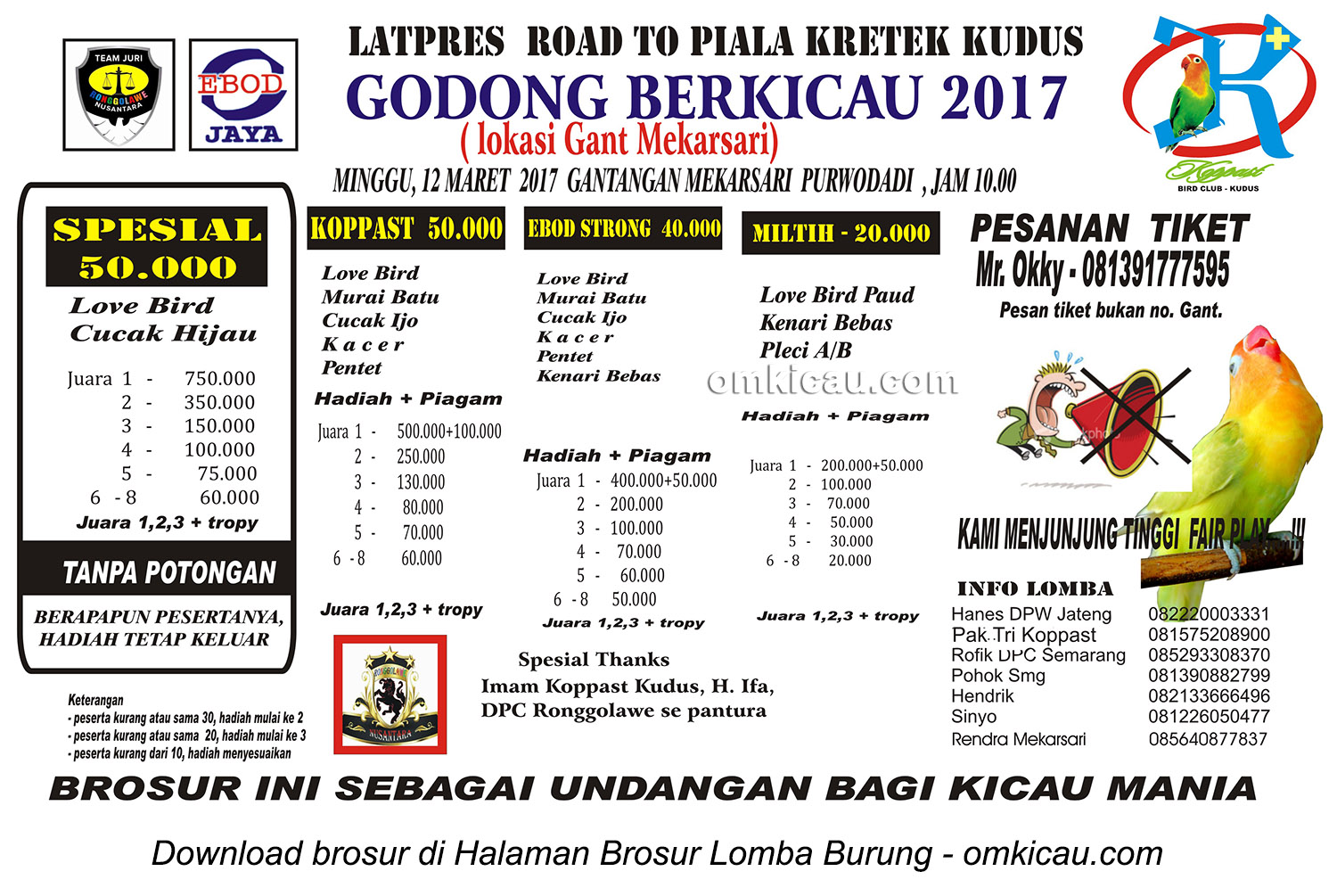 Brosur Latpres Godong Berkicau - Road to Piala Kretek, Purwodadi, 12 Maret 2017