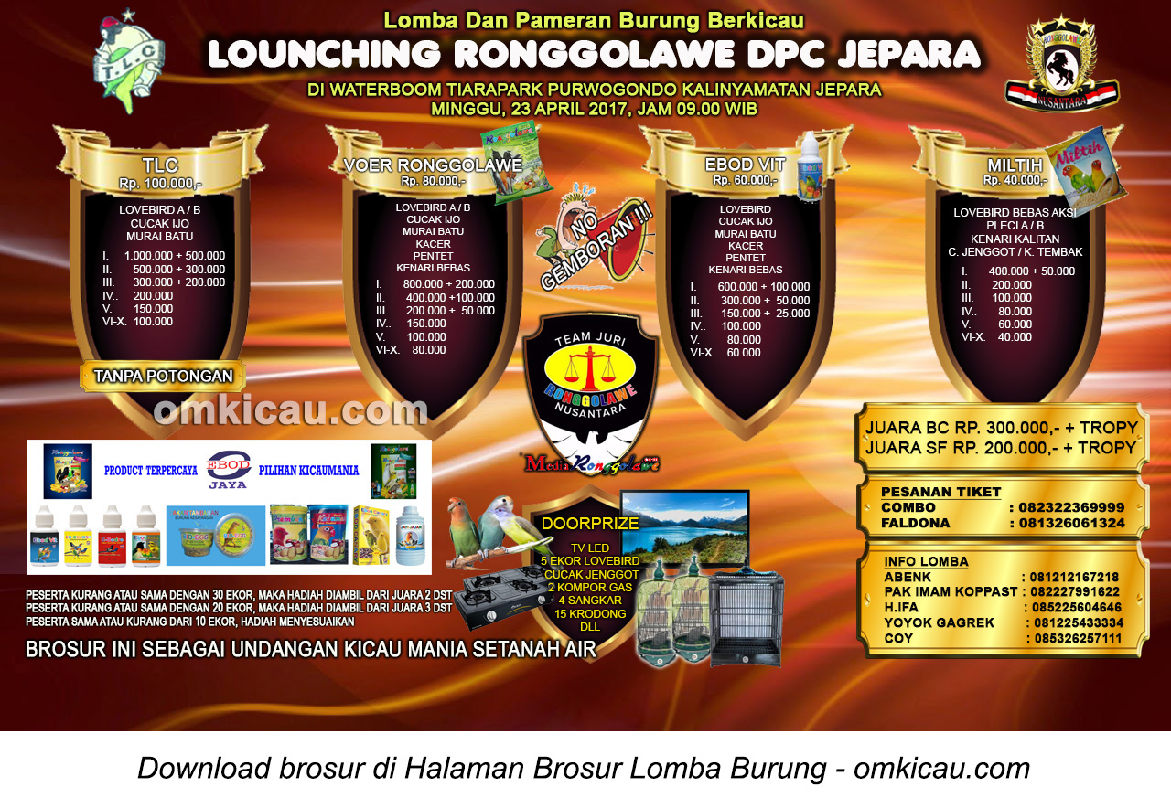 Brosur Lomba Burung Berkicau Launching Ronggolawe DPC Jepara, 23 April 2017