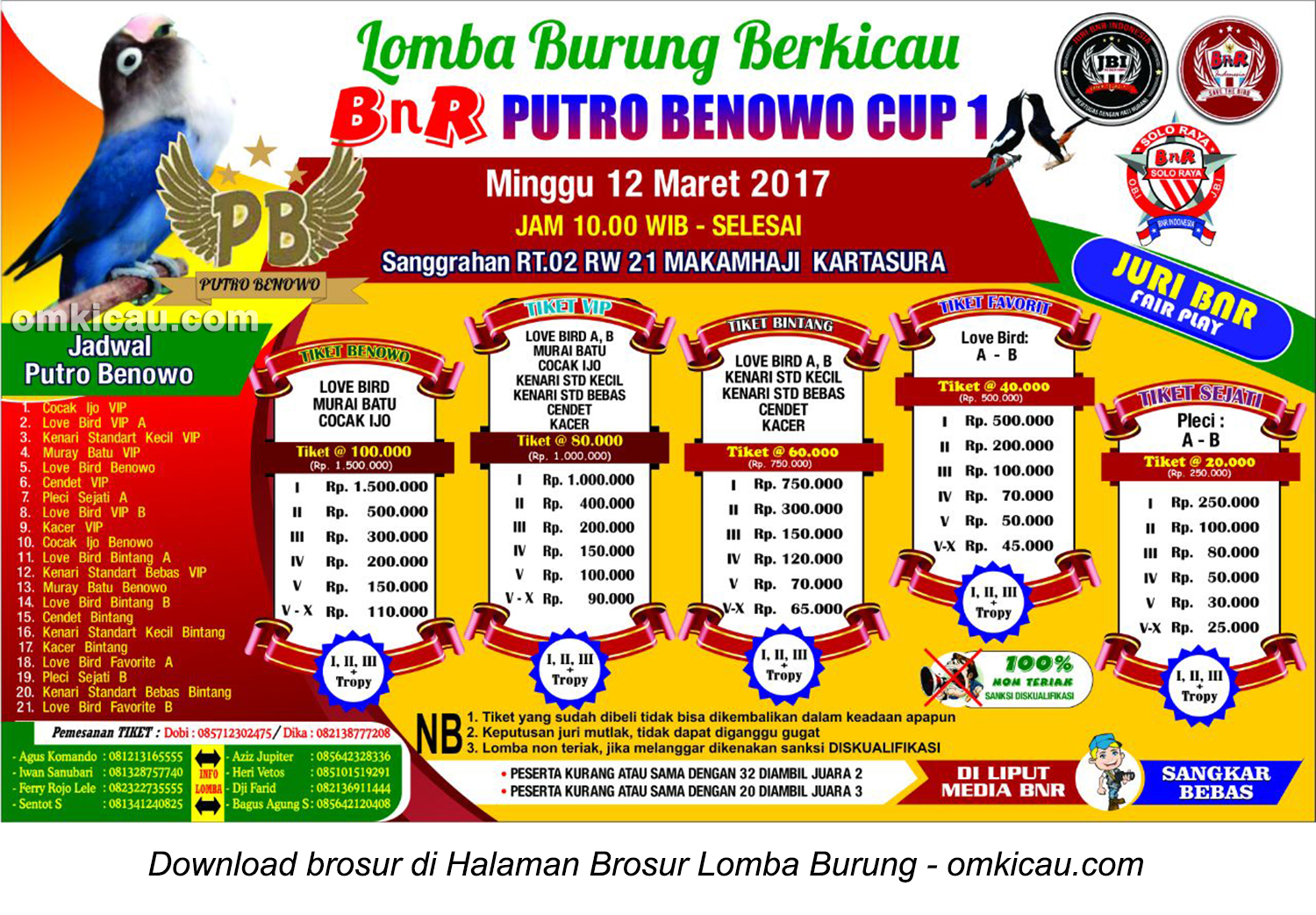 Brosur Revisi Lomba Burung Berkicau BnR Putro Benowo Cup 1, Kartasura, 12 Maret 2017