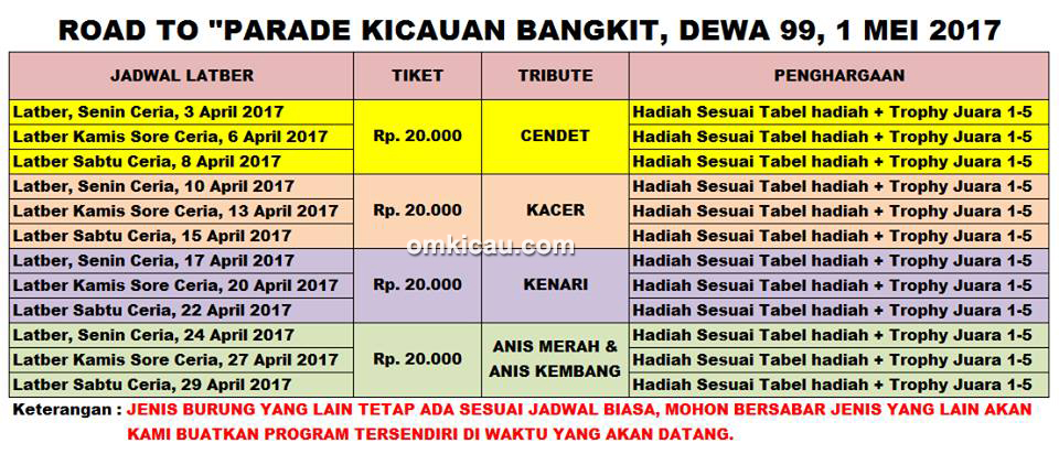 Dewa 99-Jadwal road to Parade Kicauan Bangkit