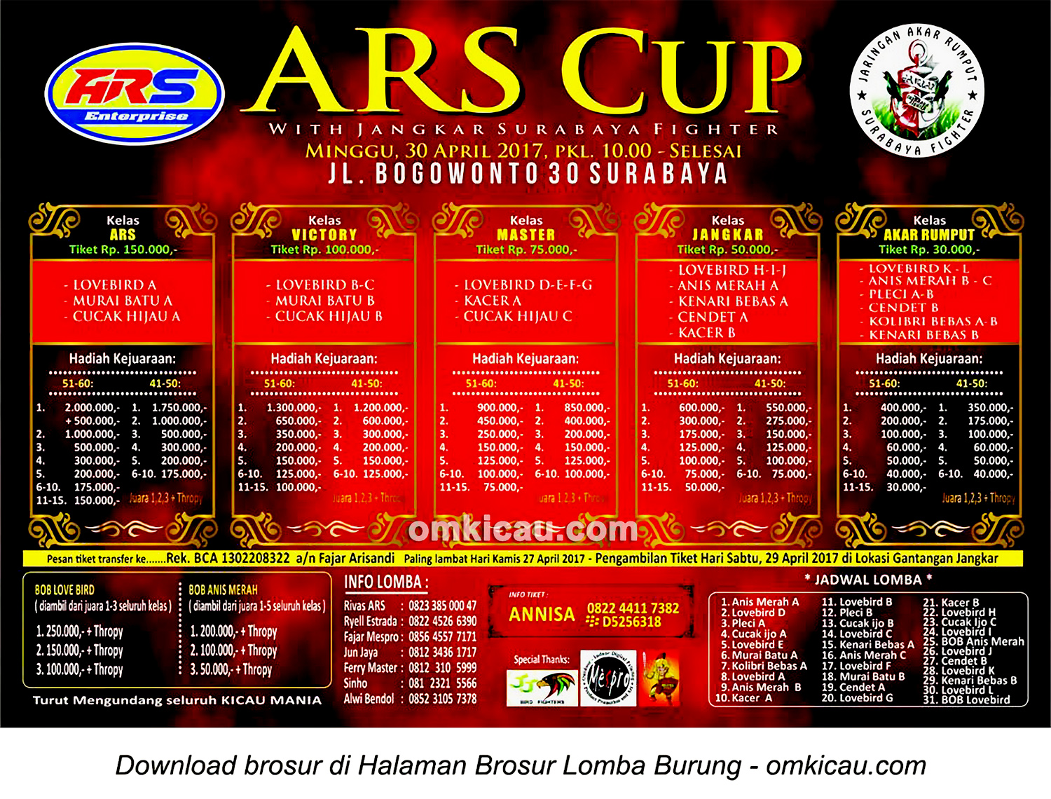 Brosur Terbaru Lomba Burung Berkicau ARS Cup, Surabaya, 30 April 2017