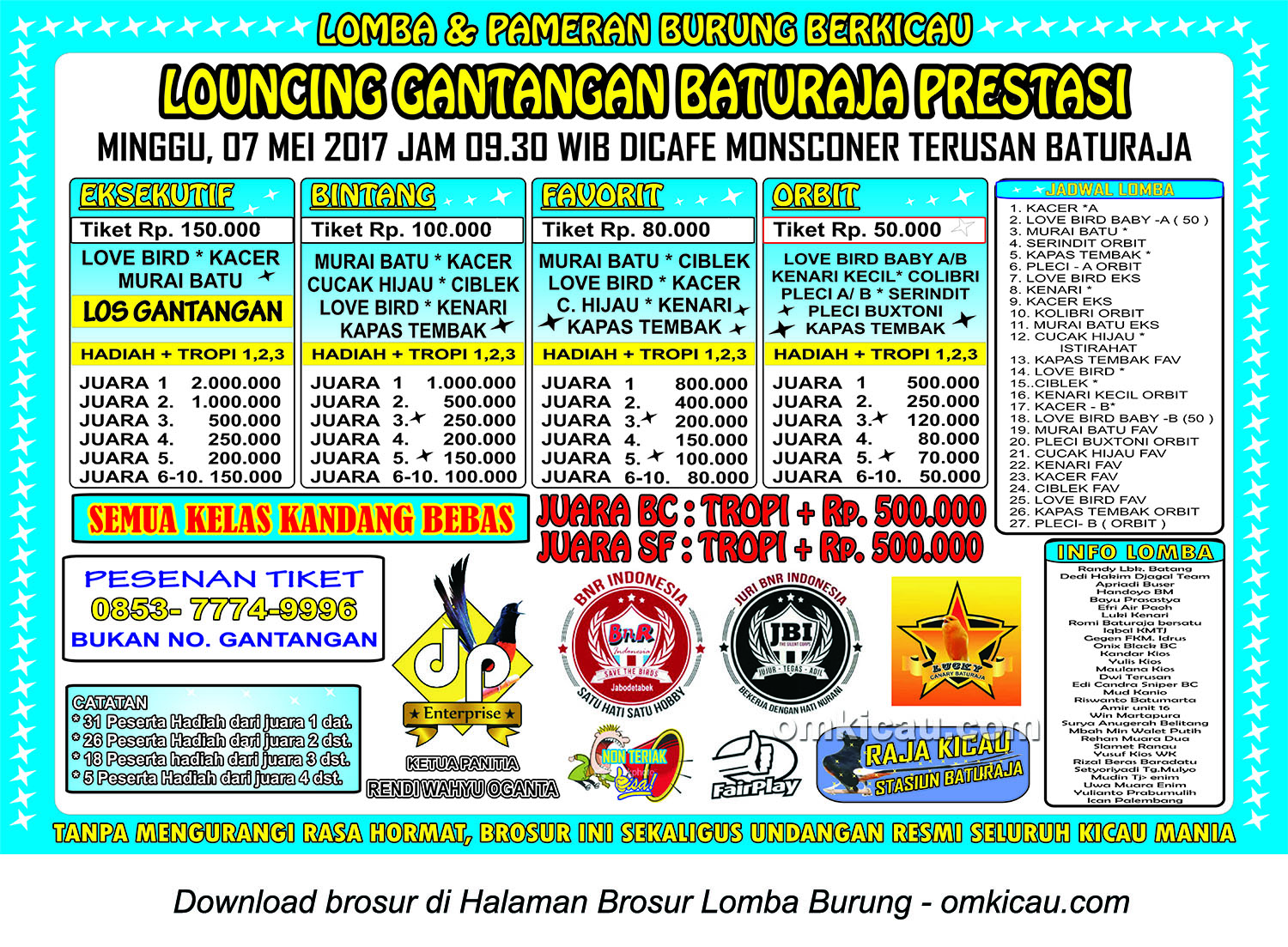 Brosur Lomba Burung Berkicau Launching Gantangan Baturaja Prestasi, Baturaja, 7 Mei 2017